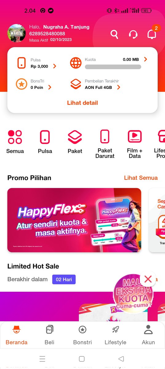 noenafasin's tweet photo. Halo @triindonesia , bisa bantu ga,, saya isi AON 4GB, pulsa udah kepotong tapi kuota blum masuk https://t.co/AFP5sCyICt