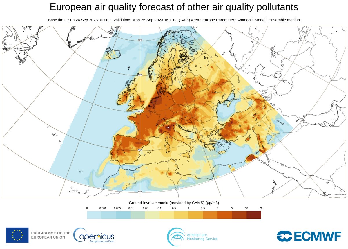 #ICYMI

Our #CopernicusAtmosphere Monitoring Service has recently released a new interface for the European regional #AirQuality forecasts

More at atmosphere.copernicus.eu/new-interface-….

⬇️Ground level Ammonia concentration - <a href="/CopernicusECMWF/">Copernicus ECMWF</a> forecast for today
