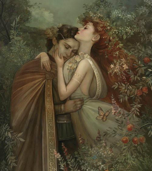 The #AutumnEquinox means the agreed return of Persephone to her husband Hades, ruler of the Underworld, where she will reign beside him as his queen. Nature will now wait for her until the spring. This painting could be entitled: “I am back with you, my love.” #MythologyMonday