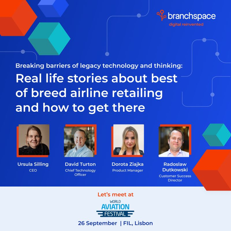 rdutkowski's tweet photo. Join @branchspace team at @airlinesblog World Aviation Festival stage on Tue, the 26th of September.
14.30 -14.45 Branchspace: Fireside chat: Breaking barriers of legacy technology and thinking: Real life stories about best of breed airline retailing and how to get there. https://t.co/aRN8Kw1hjM
