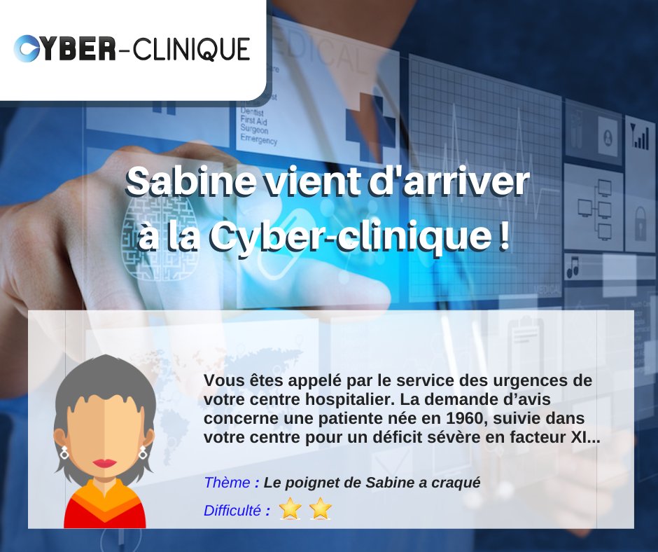 ARDIEMH_Lyon's tweet photo. 🧑‍🎓🧑‍🎓Une nouvelle patiente est arrivée à la Cyber-Clinique ! Venez aider Sabine, et tester vos connaissances sur l'#hémophilie ! https://t.co/lJunU6rbkM
#hemophilia #educationmedicale #formpro #maladiehemorragique https://t.co/87OSS4kMi6