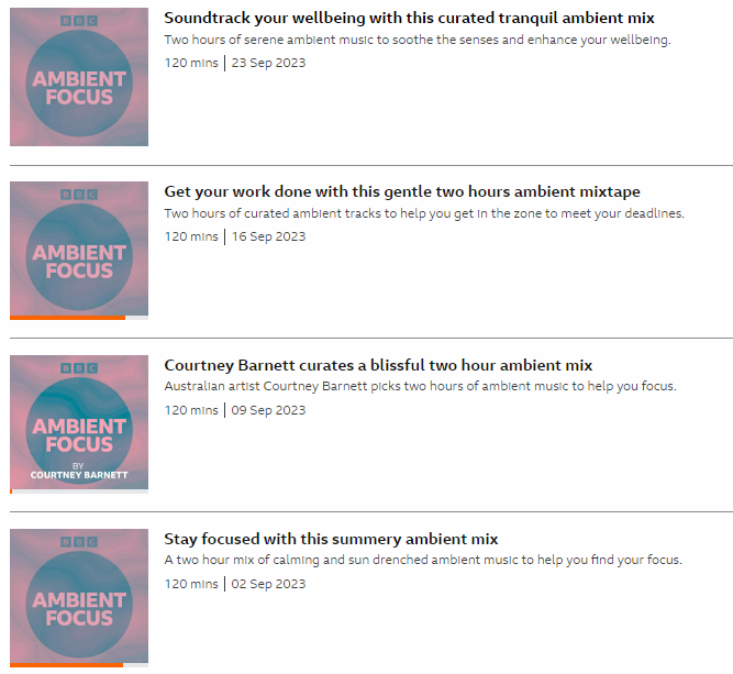 If you're bored of whatever you usually listen to in the background while you work there are freshly made totally instrumental playlists live every week in <a href="/BBCSounds/">BBC Sounds</a> 

Focus Beats (16 hrs)
bbc.co.uk/sounds/brand/p…

Ambient Focus  (8hrs)
bbc.co.uk/sounds/brand/p…