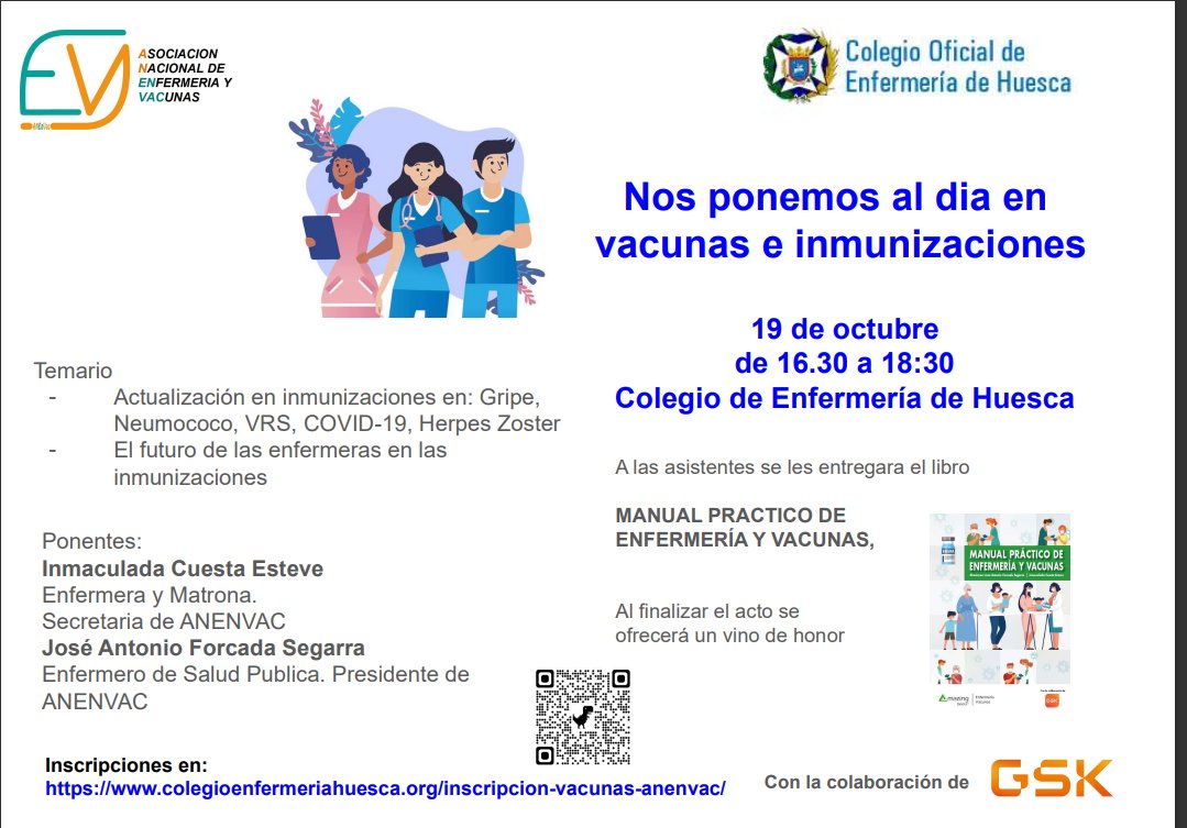 Anota esta fecha e inscríbete, para ponerte al día en vacunas e inmunizaciones. Te esperamos en el Colegio de Enfermería de Huesca!!
<a href="/anenvac/">ANENVAC | Enfermeria y Vacunas</a> <a href="/COE_Huesca/">Enfermería_Huesca</a> <a href="/Enfermeria_zgz/">Colegio Oficial de Enfermería de Zaragoza</a> <a href="/Col_Enf_Teruel/">Colegio Oficial de Enfermería Teruel</a> <a href="/Plat_OneHealth/">Plataforma One Health</a> <a href="/AlenG1971/">Alejandro Garcia P.</a> 
👇👇