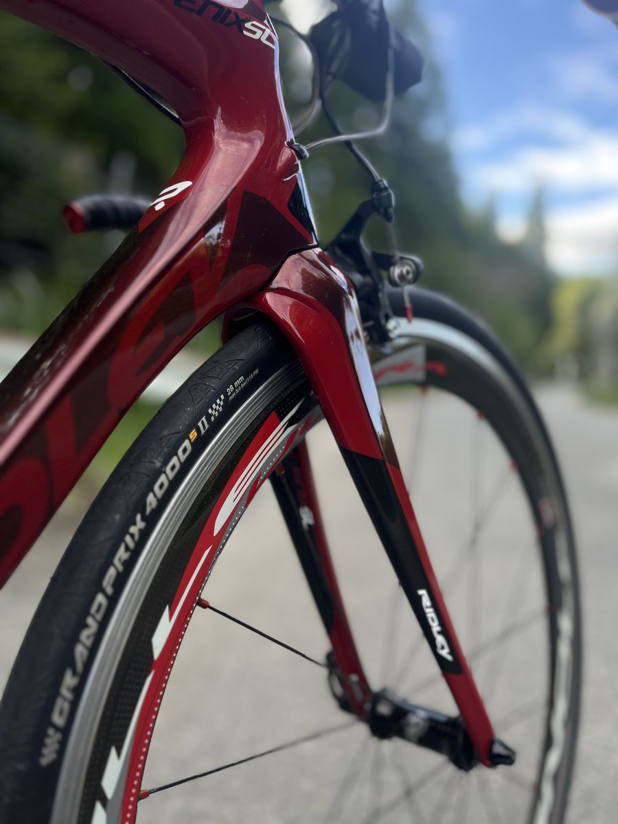 KadisinKn's tweet photo. Fenix SLのタイヤはついに最後の1セットになったGP4000 28C(在庫処分品を買い込み過ぎた)。今まで使ってきた25Cより0.5空気圧下げてみたら、とても調子よかった。
乗り心地、グリップはいいし、ダウンヒル時もストレスが少ない。こりゃ25C以下はもう履けないな…
#Ridley #FenixSL #リドレー https://t.co/5QH488L02R