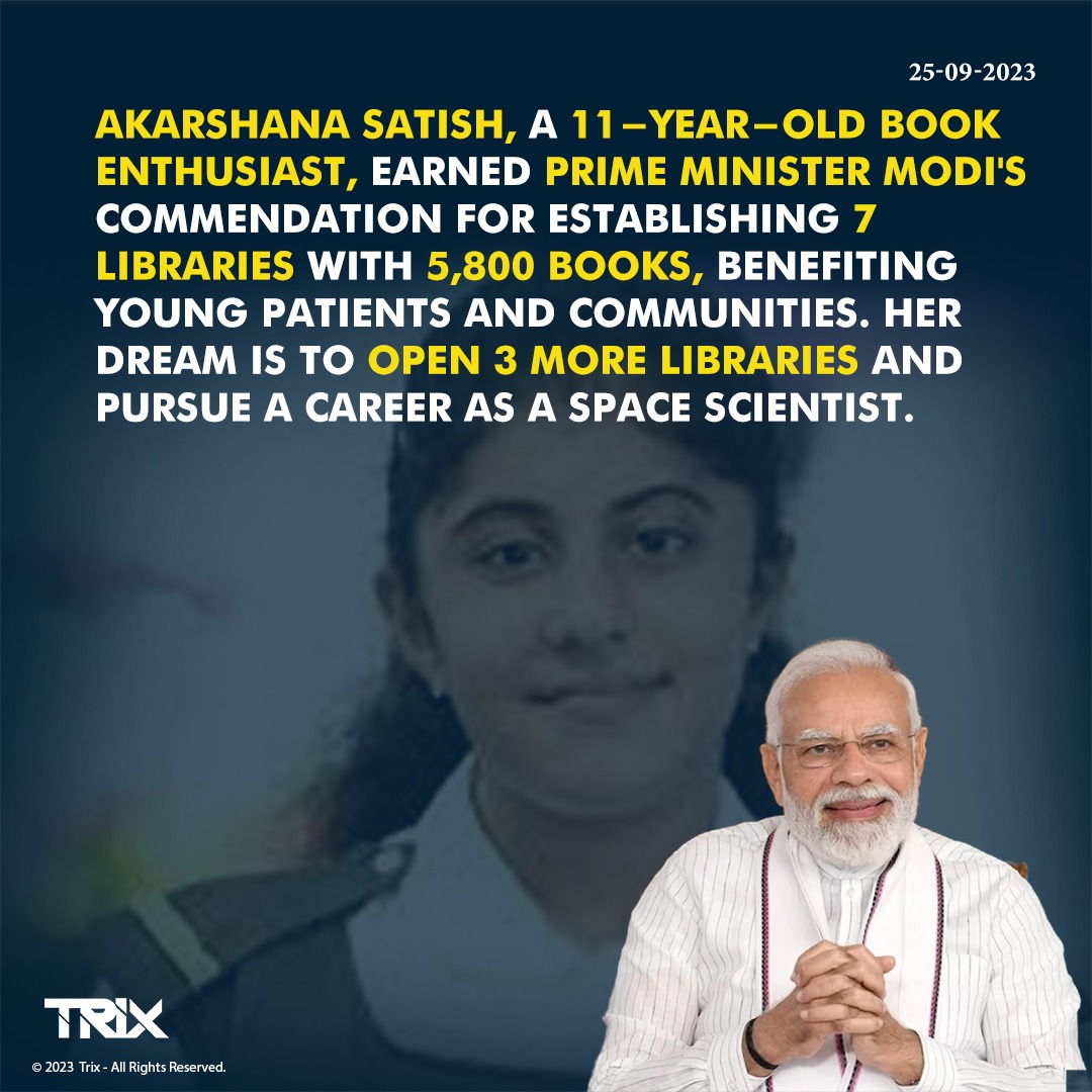 Trixindia_in's tweet image. Akarshana Satish: 11-Year-Old Book Enthusiast Creates 7 Libraries, Earns PM Modi&apos;s Praise

#AkarshanaSatish #BookEnthusiast #LibraryInitiative #CommunityImpact #SpaceScientistDream #PMModiPraise #trixindia