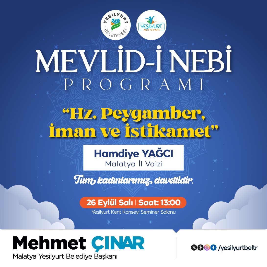 YesilyurtTV's tweet photo. RT @yesilyurtbeltr: Mevlid-i Nebevi Programımıza Davetlisiniz.

📌26 Eylül - 13.00
📌 Yeşilyurt Kent Konseyi https://t.co/WndJueJNcz