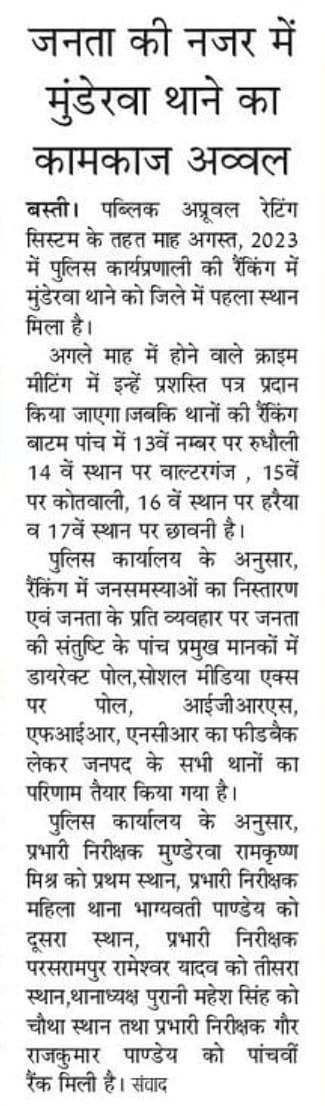 P.A.R. System के तहत माह अगस्त के फीडबैक में SHO मुण्डेरवा रामकृष्ण मिश्र को प्रथम स्थान, SHO महिला थाना भाग्यवती पाण्डेय को दूसरा स्थान, SHO परसरामपुर रामेश्वर यादव को तीसरा स्थान, SO पुरानी बस्ती महेश सिंह को चौथा स्थान तथा SHO गौर राजकुमार पाण्डेय को पांचवा स्थान-