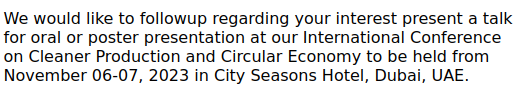 PKoppenburg's tweet image. Nice try, #predatoryConference. I am so likely to fly to Dubai to present a poster on circular economy. What about one on #flyLess? #not