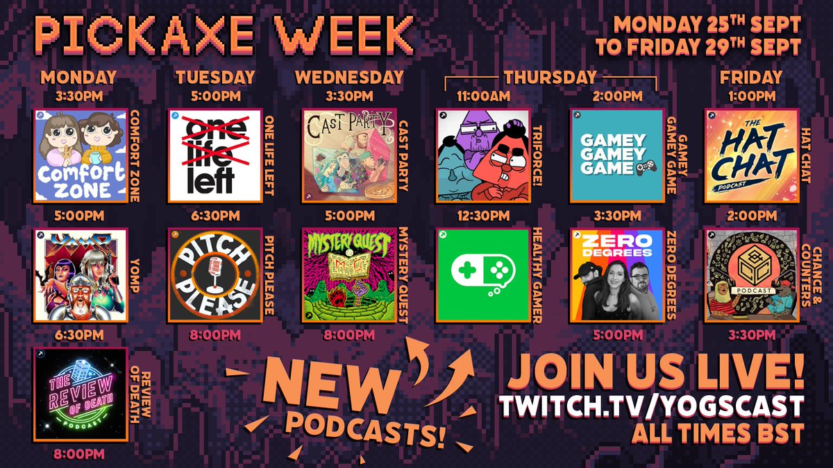 yogscast's tweet image. Good morning and happy @PickaxePodcasts week! 

We've got a jam-packed schedule with all your favorite podcasts new and old streaming live on the Yogscast Twitch channel! Get ready (and open your ears) to some wonderful podcasty goodness, all week long! twitch.tv/yogscast