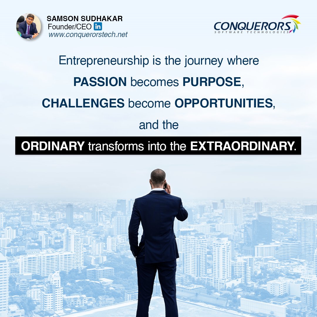 ConquerorsTech's tweet photo. #MotivationMonday #DreamBig 

Embrace the Entrepreneurial Spirit
In the world of entrepreneurship, our PASSION ignites the spark that leads to PURPOSE. 

#Entrepreneurship #PassionToPurpose  #samsonsudhakar #mondaymotivation #conquerorssoftwaretechnologies #beAConqueror https://t.co/MUjQZ1LDnH