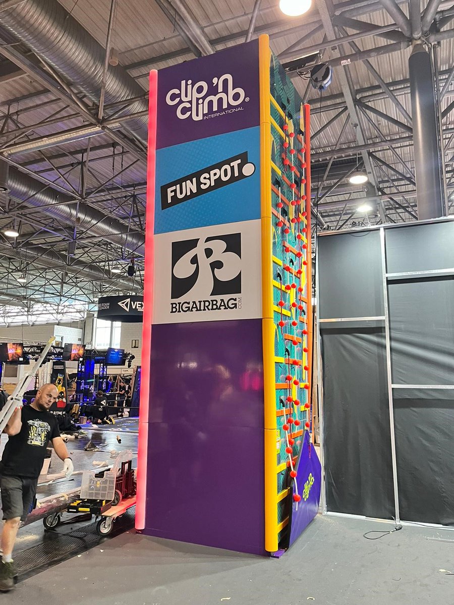 The stand is coming together nicely, and on the other side is our brand new challenge, which will be unveiled for the first time tomorrow. 

See you soon! 

#IAAPAExpo2023 #IAAPAexpoEurope #funclimbing #leisureindustry #familyentertainment #investmentopportunity