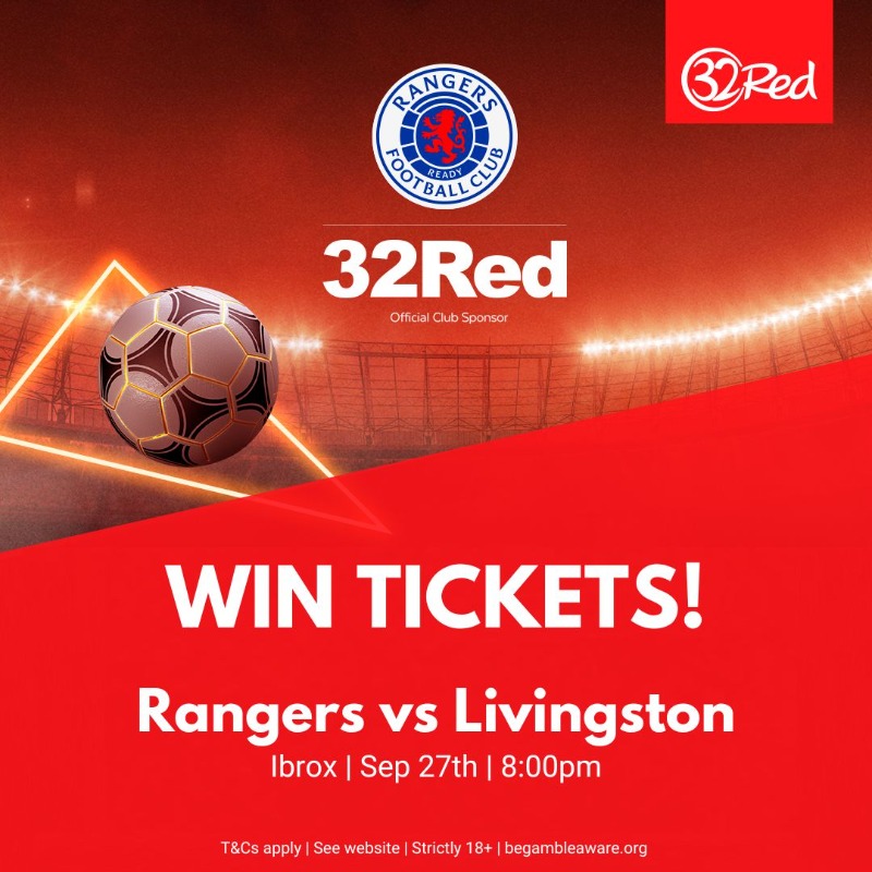 32Red's tweet photo. 📢 RANGERS FANS!!

We're giving away two pairs of tickets to see Rangers vs Livingston on Wednesday 🎟️

For a chance to win, simply follow, RT and comment #32Red - winner picked at random 

Entry closes at 3pm on Tuesday - Good luck! 🤞

#RangersFC | T&amp;Cs apply