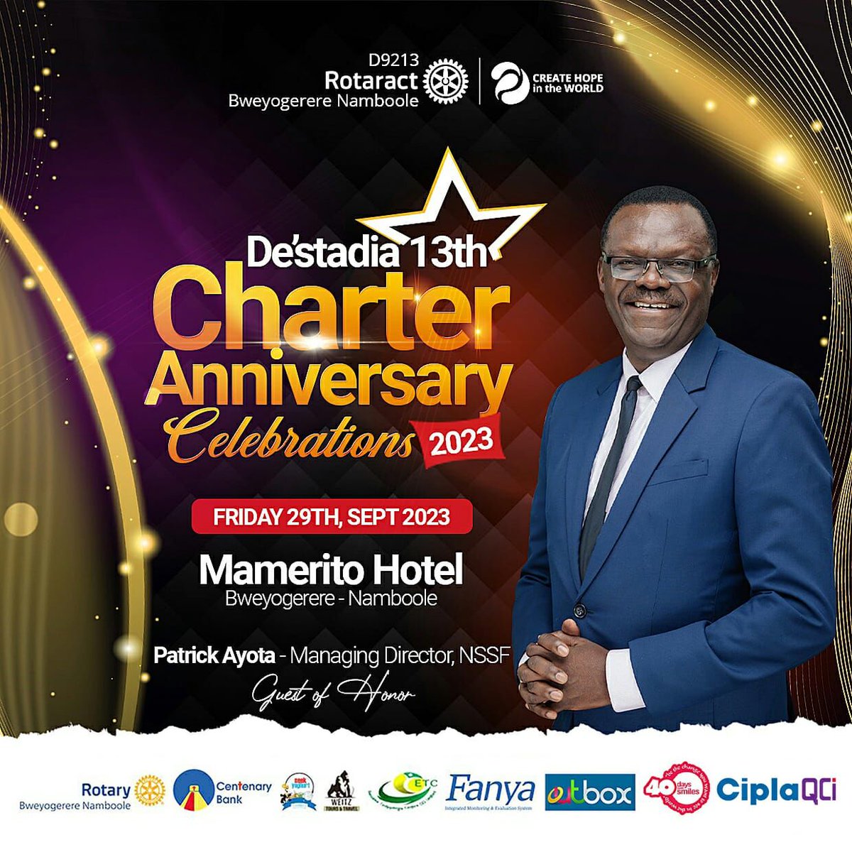 Destadia's tweet photo. 🎉 Join us in commemorating 13 years of Fun, Service, Friendship and Impact.

Our guest of honour, Patrick Ayota, Managing Director of NSSF Uganda, will be there to grace the event with his presence. Don't miss out on this incredible celebration! 🎈

#DestadiaAt13 https://t.co/YpZkimY7Vy