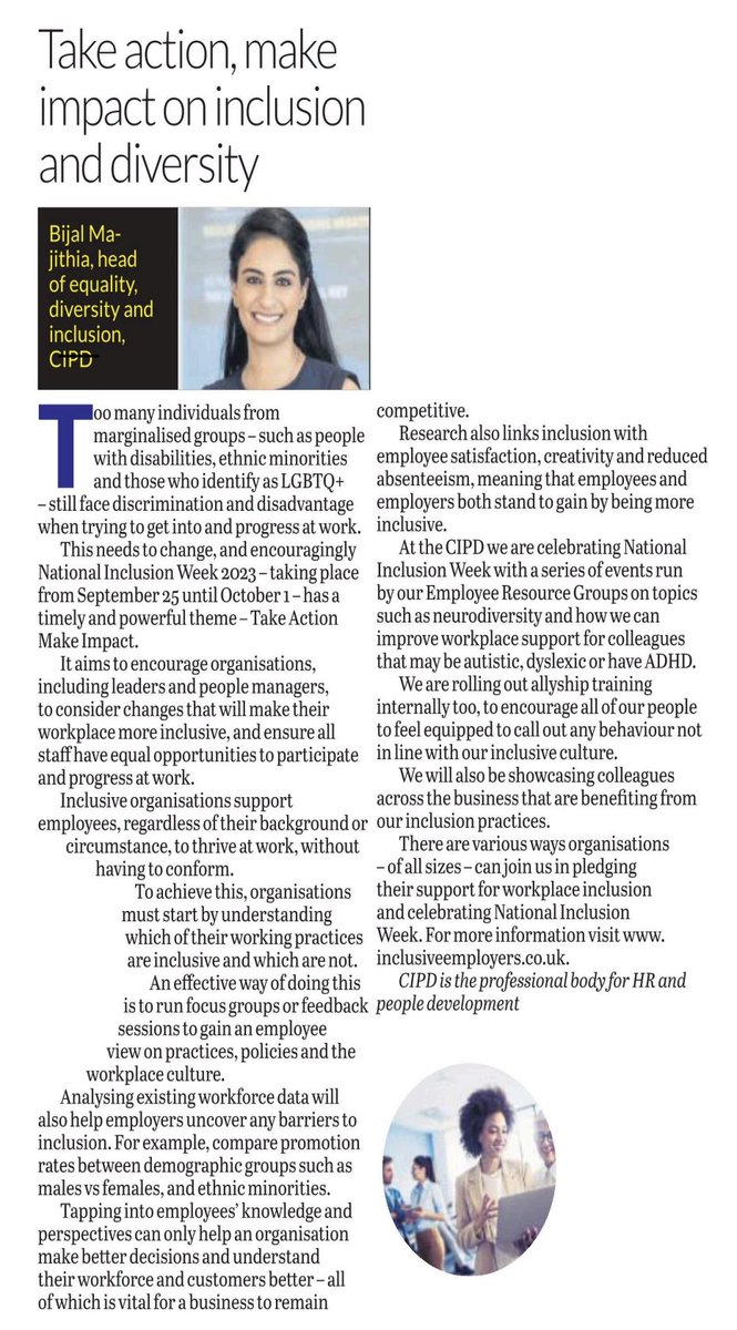 How are you celebrating #NationalInclusionWeek2023?  

This piece in the Edinburgh News by the CIPD's Bijal Majithia includes some ideas for changes you can make to make your workplace more #inclusive, and highlights how we're celebrating at the CIPD.

#TakeActionMakeImpact