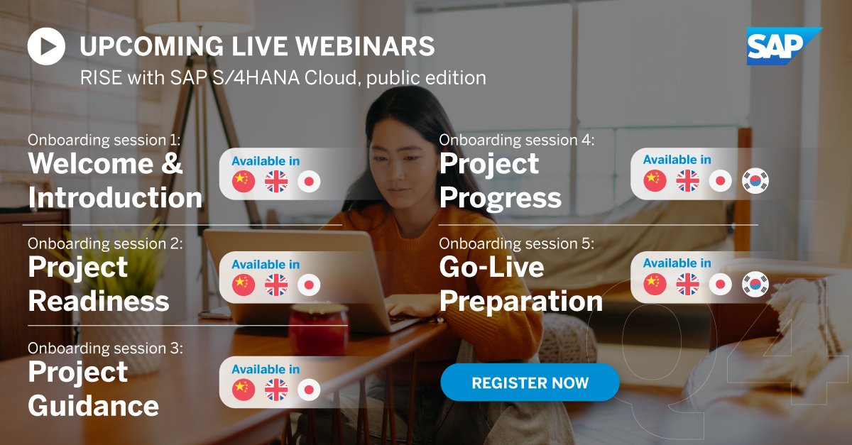 📅 Mark your calendars! SAP S/4HANA Cloud, public edition will go through the complete Onboarding Journey during Q4. These webinars are available in multiple languages.

➡️ Secure your spot: imsap.co/6015uDIWb

#FirstExperiencesLast #S4HANACloud