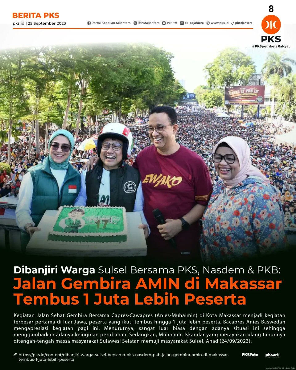 Dibanjiri Warga Sulsel Bersama PKS, Nasdem &amp; PKB: Jalan Gembira AMIN di Makassar Tembus 1 Juta Lebih Peserta

"Kehadiran satu juta masyarakat Sulsel adalah fakta bahwa masyarakat Sulsel menginginkan perubahan," ~aniesbaswedan

buff.ly/3Zw4f9Z