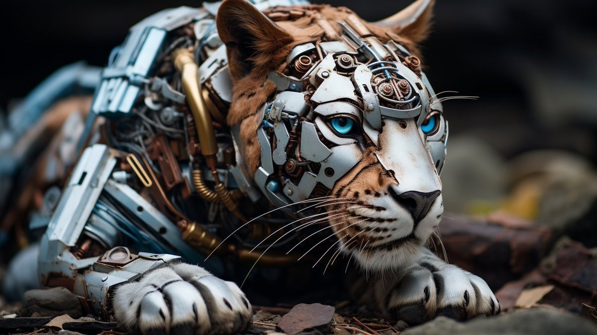 Suprojit07's tweet image. Unleash the future: Behold the Cyborg Tiger, a blend of nature&apos;s grace and technological power. A symbol of the incredible possibilities ahead.
#CyborgTiger #FuturisticWildlife #TigerTechnology #TechAndNature #CyberneticWildlife #FutureWildlife #WildlifeInnovation #CyborgAnimals