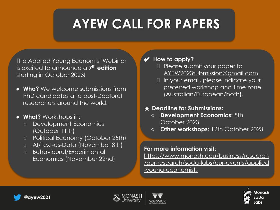 ayew2021's tweet photo. 🚨CALL FOR PAPERS🚨

Hey #econtwitter   

We are now accepting submissions for Season 7 of the Applied Young Economist Webinar!  

Submission Deadlines:
Development Economics: Thursday, 5/10/2023 
Other Workshops: Thursday, 12/10/2023 

Details below⬇️

Help us spread the word! https://t.co/uaKMrho95n