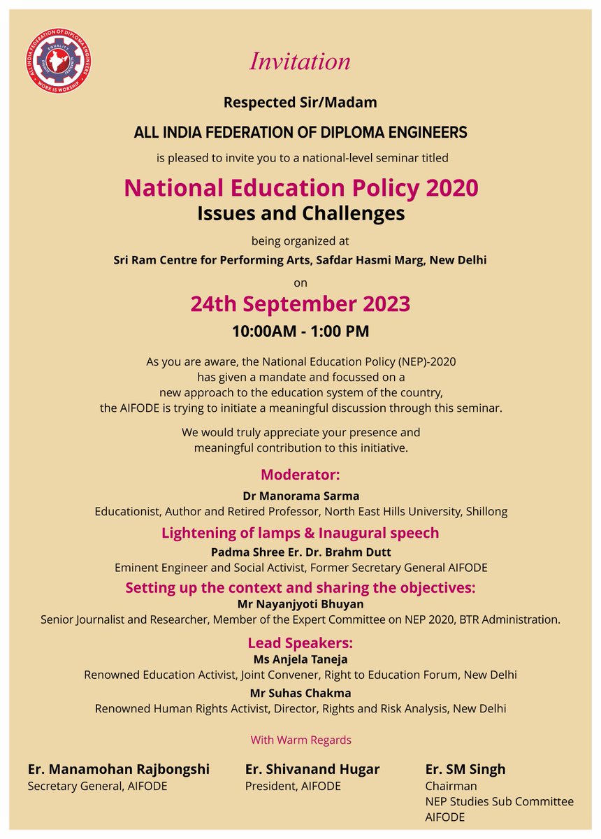 Yesterday's at All India Federation of Diploma Engineers seminar on the National Education Policy 2020: Issues and Challenges.
