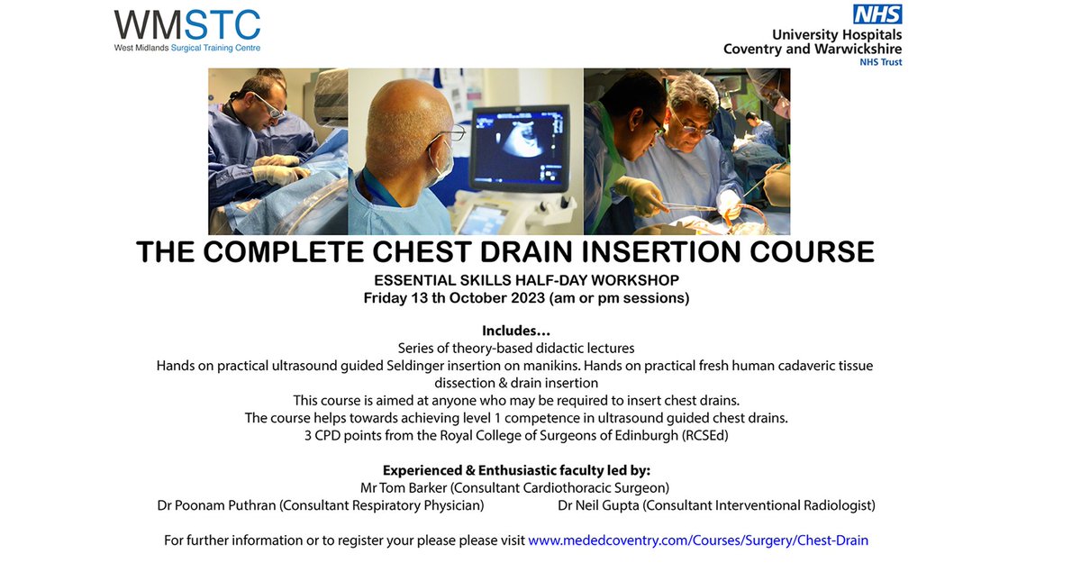 Time is running out to book your place on our Essential skills workshop, the Complete Chest Drain Insertion Course...book now
mededcoventry.org/Surgical-Train…