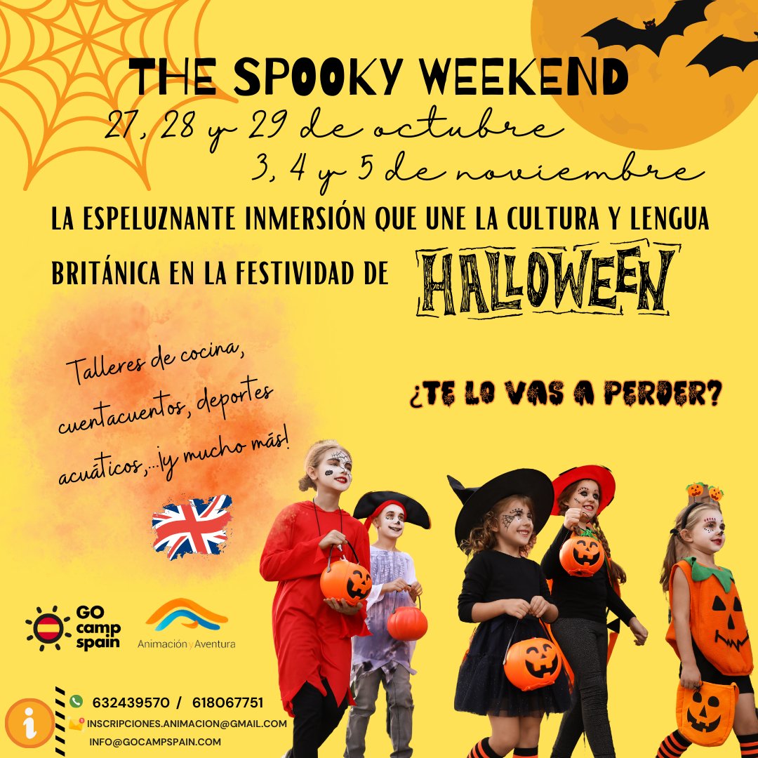 GoCampSpain_'s tweet photo. Que mejor manera de sumergir a tus hijos en la lengua inglesa 🇬🇧 que a través de la festividad de Halloween 👻. Este año es posible gracias @GoCampSpain_  y #AnimacionyAventura. Que ganas!
😉➡️ https://t.co/ufNXyJqrhm https://t.co/kNPkfTQ6mL
