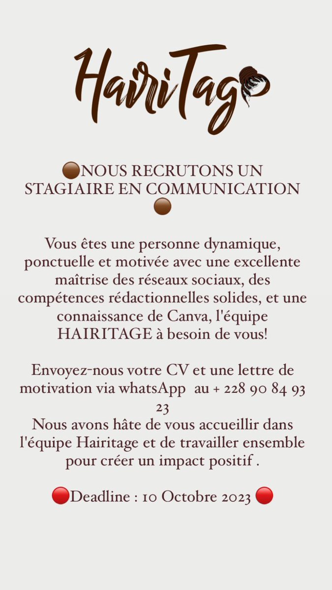 4Hairitage's tweet photo. 🟤Nous recrutons 🟤

Envoyez-nous votre CV et une lettre de motivation via whatsApp  au + 228 90 84 93 23

🔴Deadline : 10 Octobre 2023 🔴 https://t.co/1AFxtAQycf