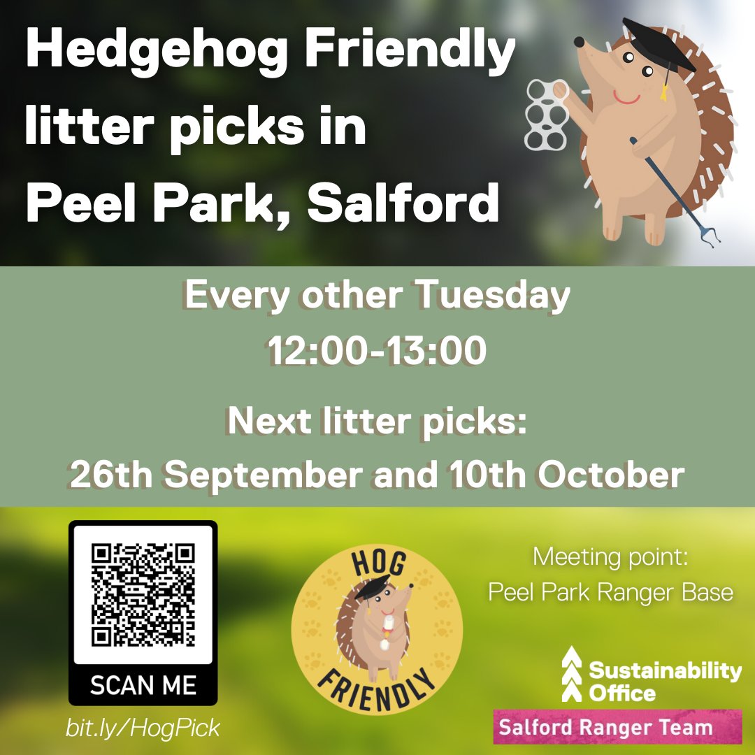 Our next Hedgehog Friendly Litter Pick is tomorrow at 12pm - join us in Peel Park to help support our local hedgehogs!🌳🦔
📌Sign up at bit.ly/HogPick