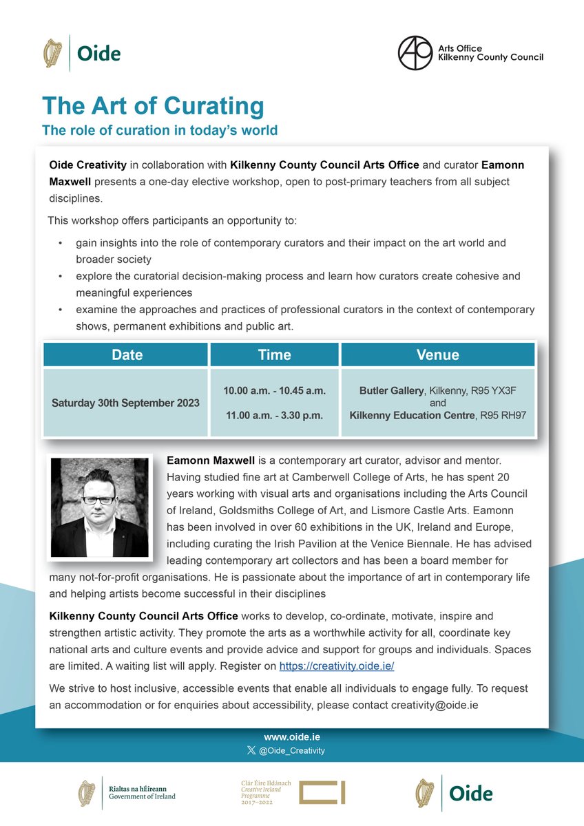 Participants will be considering the role of curation in today's world with curator & art advisor @EamonnMaxwell in Kilkenny on Sat next - @butlergallery & @eckilkenny. A unique opportunity to engage, discuss & reflect on approaches to curation. Reg here: creativity.oide.ie