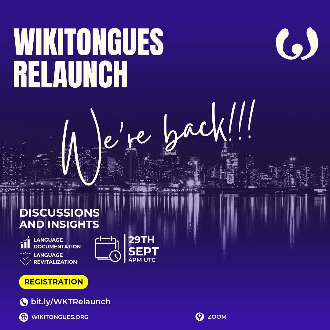 Calling all Wikimedians! 🌍📷 Join us for the relaunch of the Wikitongues User Group on September 29th at 4:00 p.m. UTC. Zoom meeting details and registration here: bit.ly/WKTRelaunch 

Let's celebrate #LanguageRevitalization and promote #LanguageDiversity together!