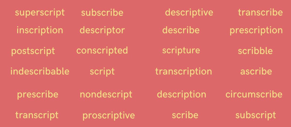 VocabulousUK's tweet photo. Rather than learning a word of the week, why not learn a root of the week? One root can help students work out 20-30 other words in English!
All these words are related to "writing" and come from the Latin "scribere - to write" (scrip, scrib)✏️
#rootoftheweek #rootwords #vocab https://t.co/R3IqQE1yXd
