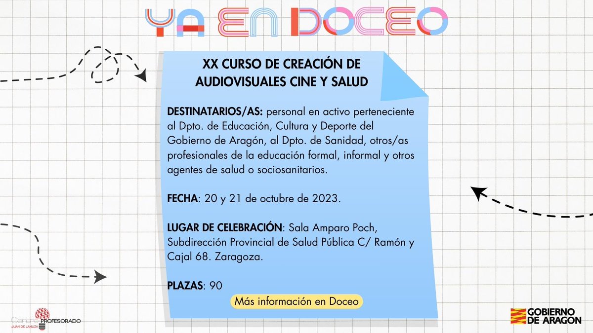 cpjuandelanuza's tweet photo. Ya podéis encontrar en #Doceo la inscripción para el XX Curso de Creación de Audiovisuales Cine y Salud. @dgafprofesorado https://t.co/l3dJB4Yvty