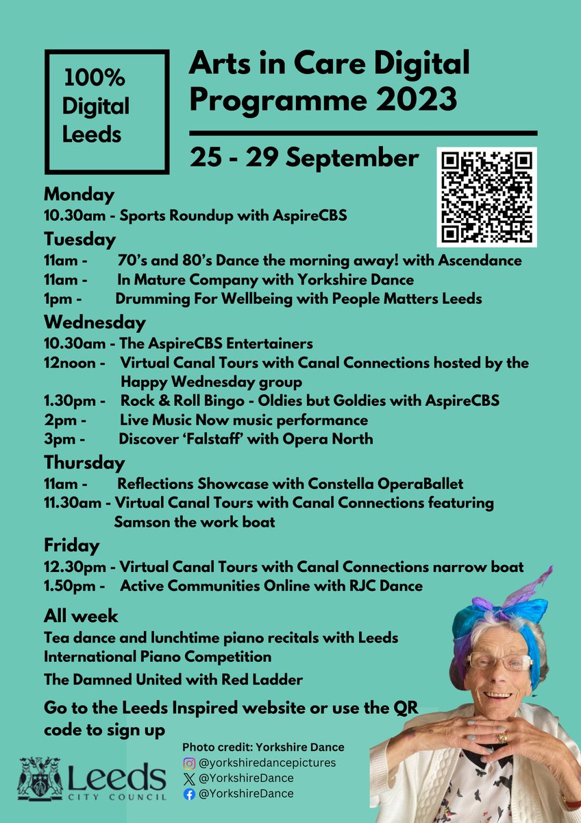 The Arts in Care Digital Programme is here and activities are taking place all week! Still time to book onto the sessions via @LeedsInspired - bit.ly/3r060PU And some links are live beyond this week including lunchtime recitals from 🎶 @leedspiano🎶 @Artsincarehomes