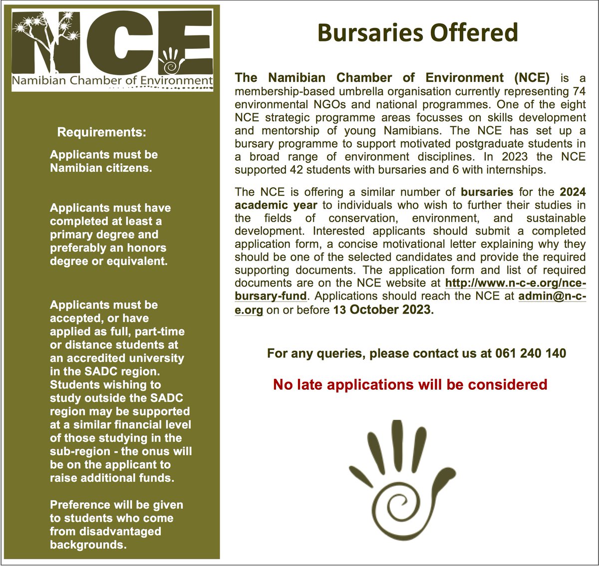 We are now accepting applications for 2024 bursaries! How to apply: Visit n-c-e.org/nce-bursary-fu… to download the application form and list of required documents. Submit completed form and documents to admin@n-c-e.org Deadline: 13 October 2023. See other requirements below.
