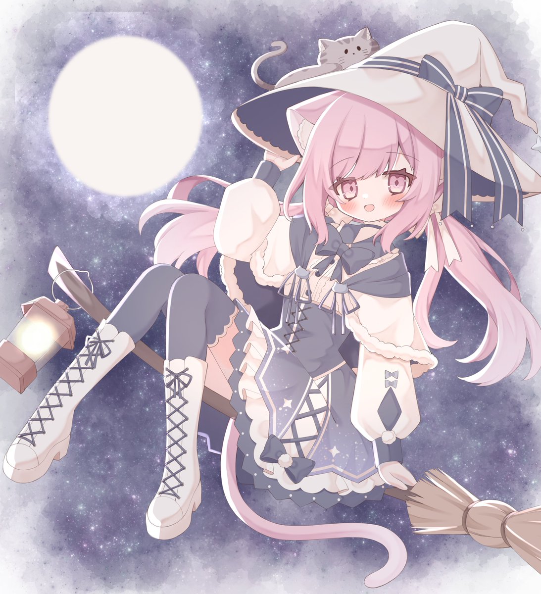 1girl broom hat broom riding cat animal ears witch hat  illustration images