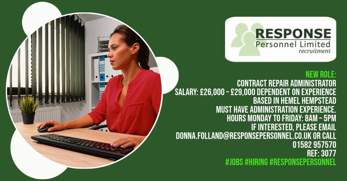 ResponseJobs's tweet photo. Contract Repair Administrator

Salary: £26,000 – £29,000 dependent on experience
Based in Hemel Hempstead
Must have administration experience.
Hours Monday to Friday: 8am – 5pm
If interested, please email Donna.folland@responsepersonnel.co.uk or call 01582 957570
Ref: 3077 https://t.co/EFoHSJuHLh