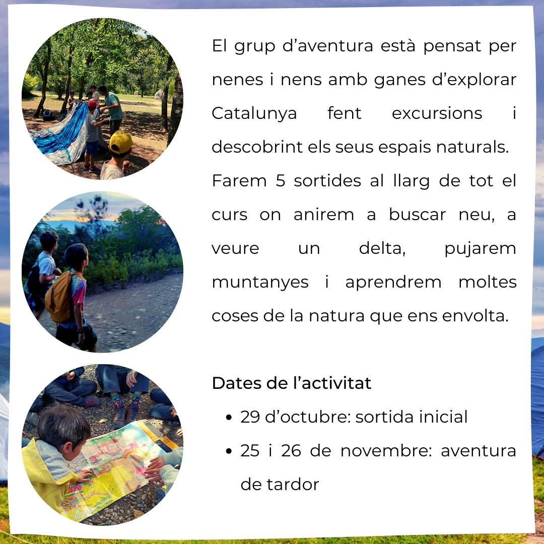 Educambient_'s tweet photo. Obertes les inscripcions pel grup d'aventura pel curs 23-24! 🌳

Us plantegem 4 aventures al llarg de les 4 estacions! 🍂❄🌸🌾

Cada aventura consisteix en una sortida de cap de setmana on farem excursions, aprendrem sobre la natura que ens envolta i farem nous amics i amigues https://t.co/xGYE1Lv7ix