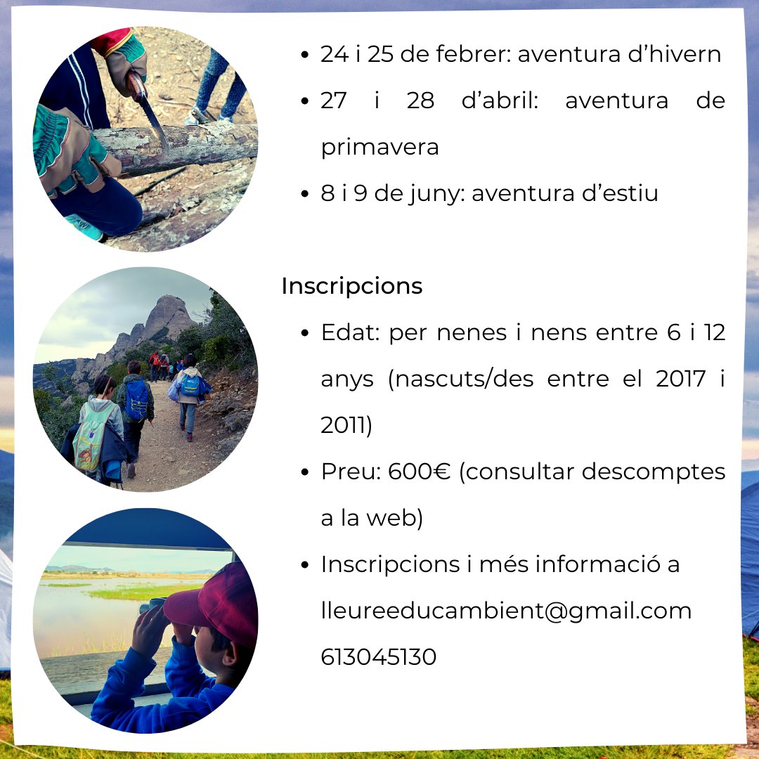Educambient_'s tweet photo. Obertes les inscripcions pel grup d'aventura pel curs 23-24! 🌳

Us plantegem 4 aventures al llarg de les 4 estacions! 🍂❄🌸🌾

Cada aventura consisteix en una sortida de cap de setmana on farem excursions, aprendrem sobre la natura que ens envolta i farem nous amics i amigues https://t.co/xGYE1Lv7ix