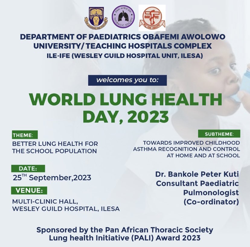 patscommunity's tweet photo. 📢 Exciting Announcement! Nigeria!!!🫁

Join us at the Multi Clinic Hall, Wesley Guild Hospital, Ilesa, as we celebrate #WorldLungDay and promote better lung health for the school population. 🎉👩‍⚕️

Hosted by our PALI Grant recipient Dr. Peter Kuti, 👏🏾👏🏾👏🏾 https://t.co/G16EkwEE8X