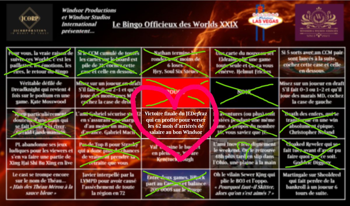 Ce bingo était unique car l'occasion était spéciale.

Ici, on aime les blagues, mais je croyais honnêtement en cette case centrale du fond du cœur ! 

Je crois qu'on peut pas faire plus beau comme case pour compléter le Bingo...

(PS : JE, tu as mon RIB je crois ?)🐔

#MTGWorlds