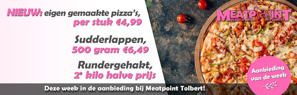 MeatpointNL's tweet image. Deze week in de aanbieding bij Meatpoint Tolbert:

NIEUW: Eigen gemaakte pizza's, €4,99 per stuk!
Sudderlappen, 500 gram voor maar €6,49!
Rundergehakt, 2e kilo halve prijs!

Kijk ook op onze website: meatpointtolbert.nl