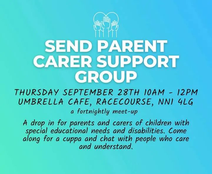 NrthmptonEvents's tweet photo. SEND Parent Carer Support Group meets this Thurs (28th Sept) from 10am-12pm at the Umbrella Pavilion on The Racecourse, Northampton

Fortnightly drop-in for any parents and carers of children with special educational needs and disabilities https://t.co/6q8CKFMzKl