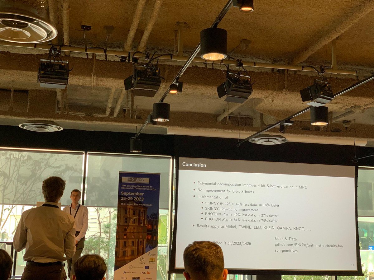 ProjectMozaik's tweet photo. Erik Pohle is presenting "Arithmetic Circuit Implementations of S-boxes for SKINNY and PHOTON in MPC" at #ESORICS 2023. #MPC #Sbox #SKINNY #PHOTON
https://t.co/v1rBj2JkdA https://t.co/yvrt8xIQaG