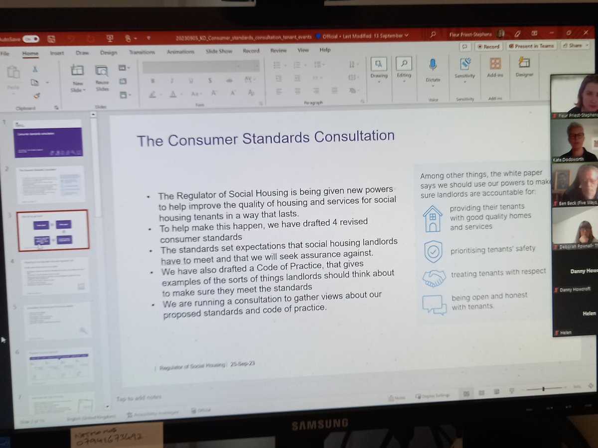 Currently hearing from <a href="/DodsworthKate/">Kate Dodsworth</a> on the consultation by <a href="/RSHEngland/">Regulator of Social Housing</a> on their draft Consumer standards and Code of Practice,  many thanks to all taking part who will help us in our feedback to the consultation.