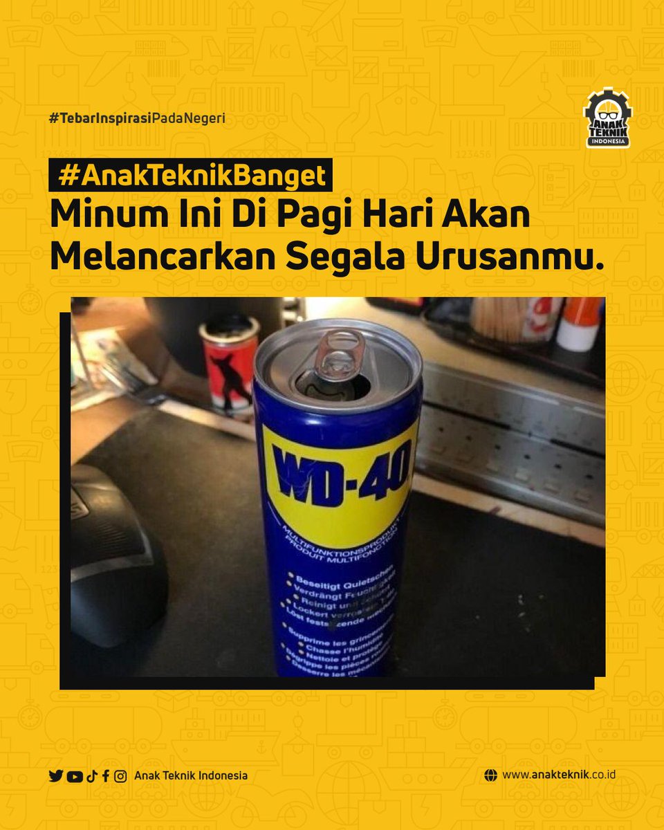 Apa itu minuman berenergi??!

Minggir dulu, urusan makin lancar dengan WD40 drink. Sajikan selagi dingin !! 🤣🤣🤣

#anakteknikindo #anakteknikindonesia #mahasiswateknik #teknikindonesia #wd40