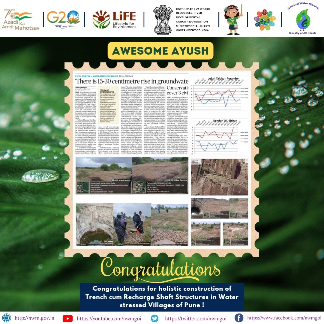 nwmgoi's tweet image. Congratulations to Team #ZilaParishad Pune for the  holistic construction of *Trench cum Recharge Shaft Structures in Water stressed Villages of Pune* &amp;amp; now special acknowledgement to @PuneZp , Ayush Prasad
Kudos 👏 

#DMPune
#JSACTR2023 #JalShaktiAbhiyan 
#WaterConservation