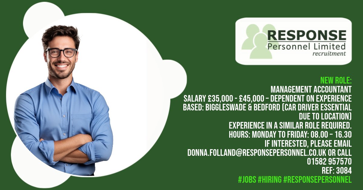 ResponseJobs's tweet photo. Management Accountant

Salary £35,000 - £45,000 – dependent on experience
Based: Biggleswade &amp; Bedford (Car driver essential due to location)
Experience in a similar role required.
If interested, please email Donna.folland@responsepersonnel.co.uk or call 01582 957570
Ref: 3084 https://t.co/D6K9Hati3o