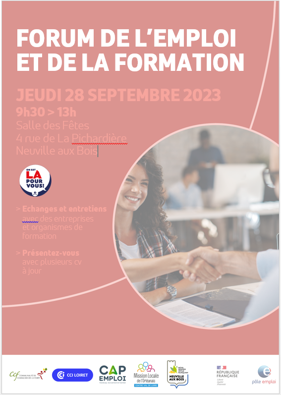 🔜📢Forum de l'Emploi et de la Formation ce jeudi 2⃣8⃣/0⃣9⃣ à Neuville aux Bois (salle des fêtes)
➕de 3⃣0⃣ entreprises locales, centres de formation &amp; partenaires présents. 
Trouvez votre nouvel emploi, votre formation ou informez-vous sur la création d'entreprise !
🕘9h30 - 13h