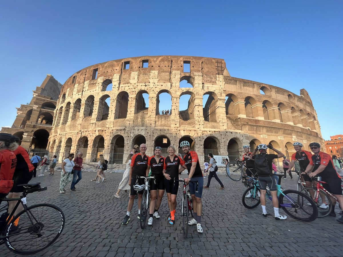 GaryCMurphy's tweet photo. We finally made it to Rome, although Chrissie fell on a wet downhill run on the final day and was rushed to A&amp;E with a broken collarbone! Thank you so much to everyone who donated. It has been tiring but incredibly rewarding - over £80,000 raised for Myeloma UK. Hats off to Bob! https://t.co/gNt5WQfNee