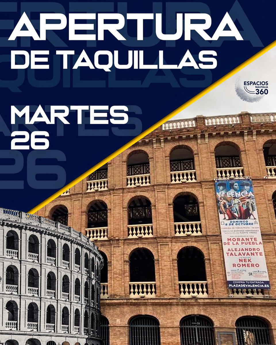plazadevalencia's tweet photo. 🔜 💥 Las 𝗧𝗔𝗤𝗨𝗜𝗟𝗟𝗔𝗦 de la Plaza de Toros abrirán a partir de este 𝗺𝗮𝗿𝘁𝗲𝘀 𝟮𝟲. 

📣¡Los 𝗔𝗕𝗢𝗡𝗔𝗗𝗢𝗦 podrán adquirir sus entradas de 𝗺𝗮𝗿𝘁𝗲𝘀 a 𝗷𝘂𝗲𝘃𝗲𝘀 con un 𝟮𝟱% 𝗱𝗲 𝗱𝗲𝘀𝗰𝘂𝗲𝗻𝘁𝗼!

⏰ 10-14h. y 17-20h. https://t.co/HcDxdK5CTs