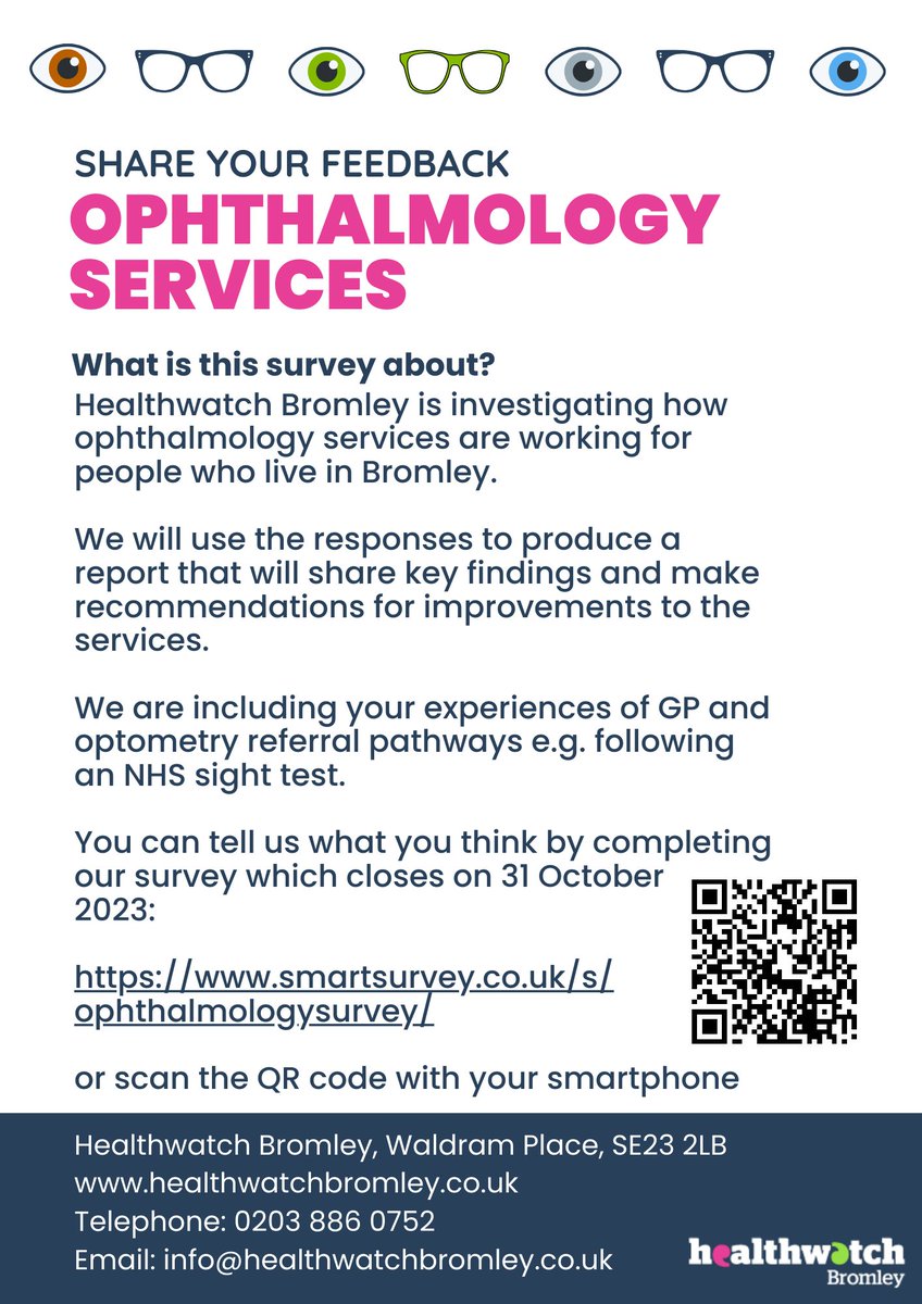 Healthwatch Bromley is investigating how ophthalmology services are working for people who live in Bromley.
You can complete our survey online, or call our team and we can support you over the telephone. 
T: 0203 886 0752
healthwatchbromley.co.uk/news/2023-09-1…
